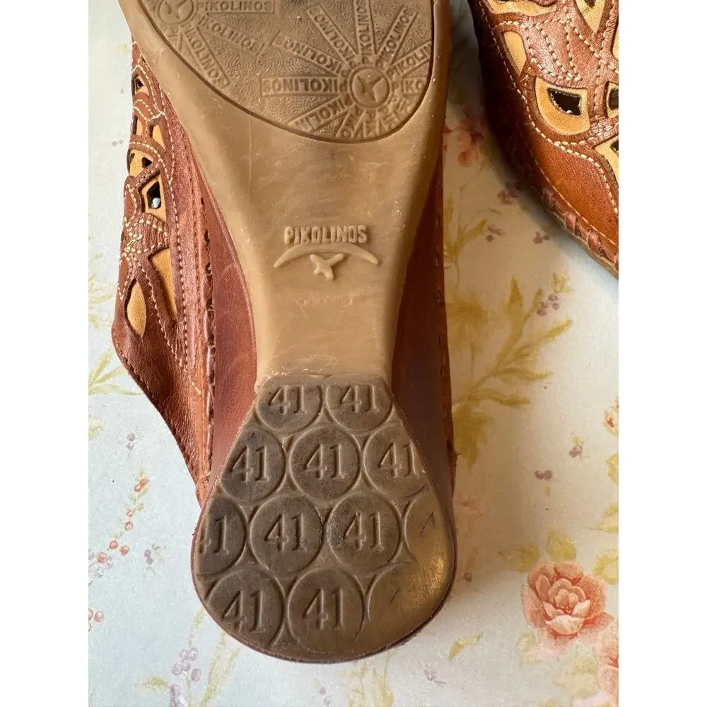 Leather Made in Spain Pikolinos Women’s Size 41 Cutout Floral Wedge Mules SlipOn